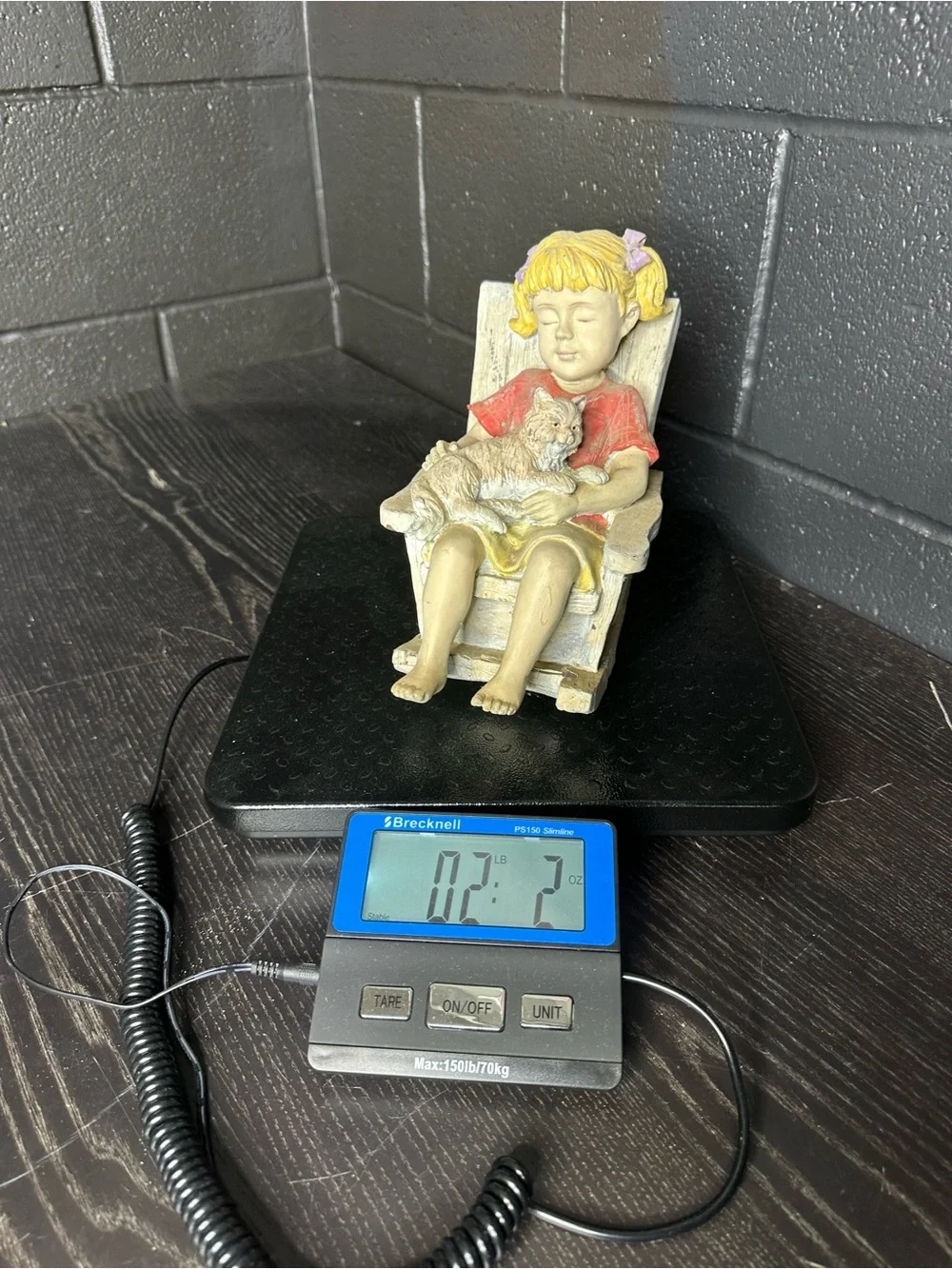 Vintage Resin Yard Art Sculpture- Girl with Cat Figurine - Yellow Skirt, Red Top